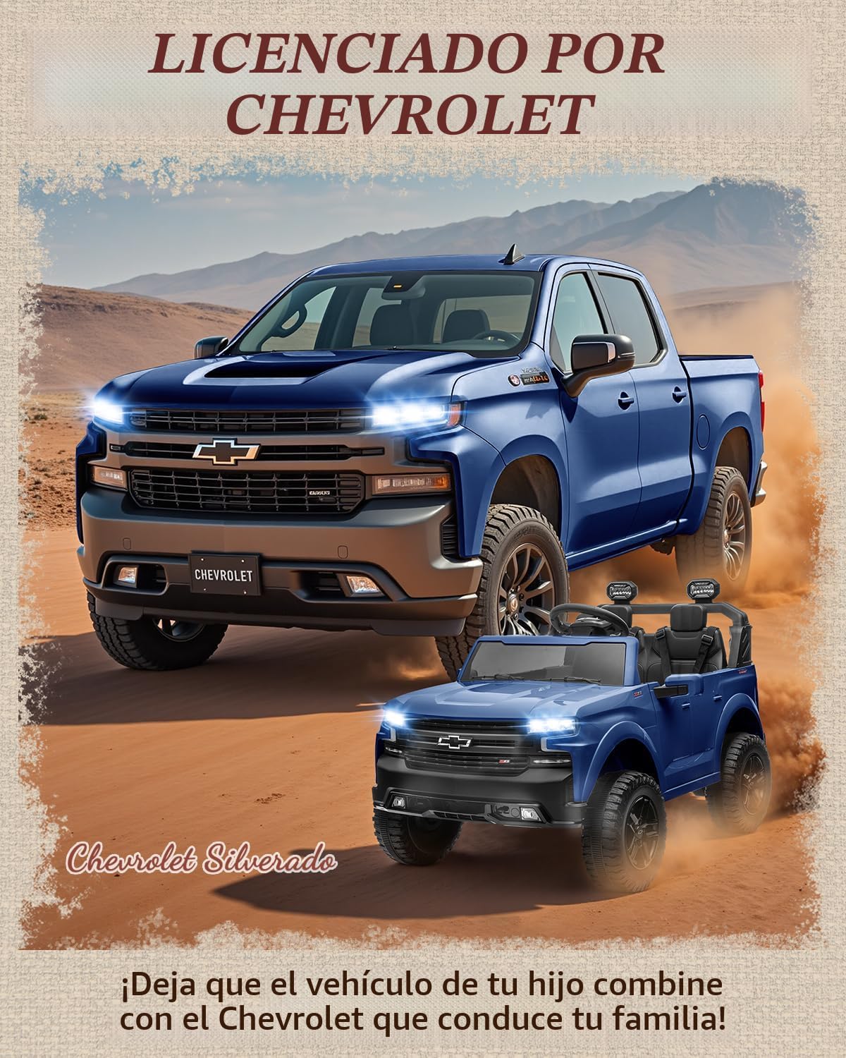 First Ride On Juguetes de 24 V y 2 plazas con licencia Chevrolet Silverado, vehículo eléctrico con control remoto y cinturones de seguridad, camión eléctrico con maletero, Bluetooth y luces LED (azul)