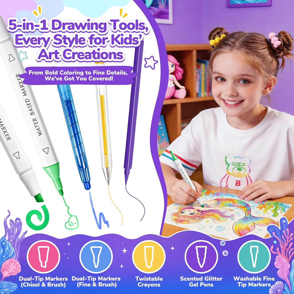 DreamyCandy 70 Pcs Washable Markers Set para Kids 4-8, Mermaid Art Set Gifts
