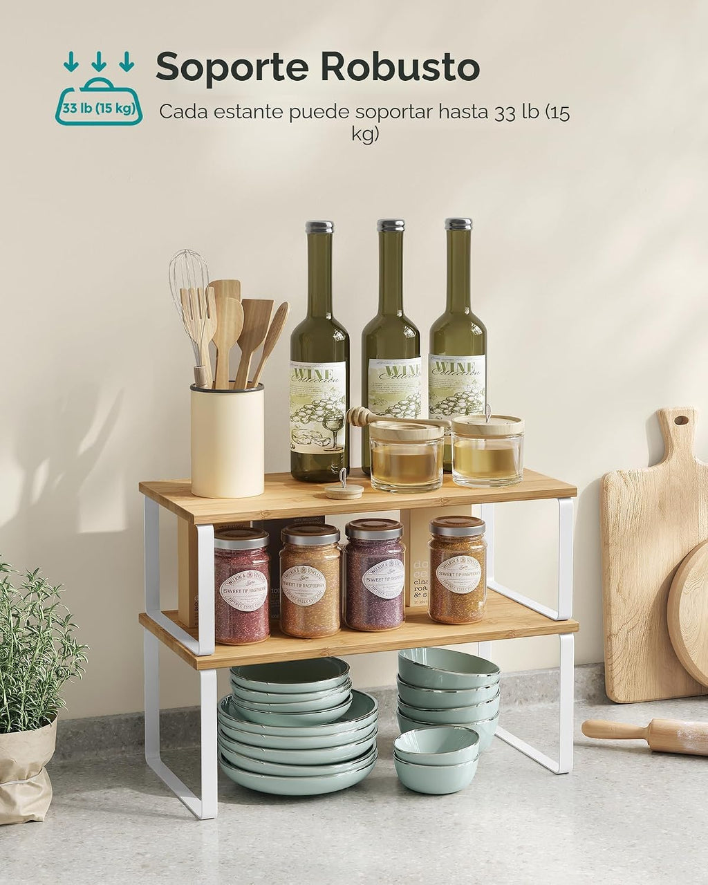 SONGMICS Estante Organizador de Gabinete, Juego de 2 Estantes de Encimera de Cocina, Almacenamiento de Cocina, Estante de Especias, Apilable, Expandible, Metal y Madera Diseñada, Blanco Nube y Beige