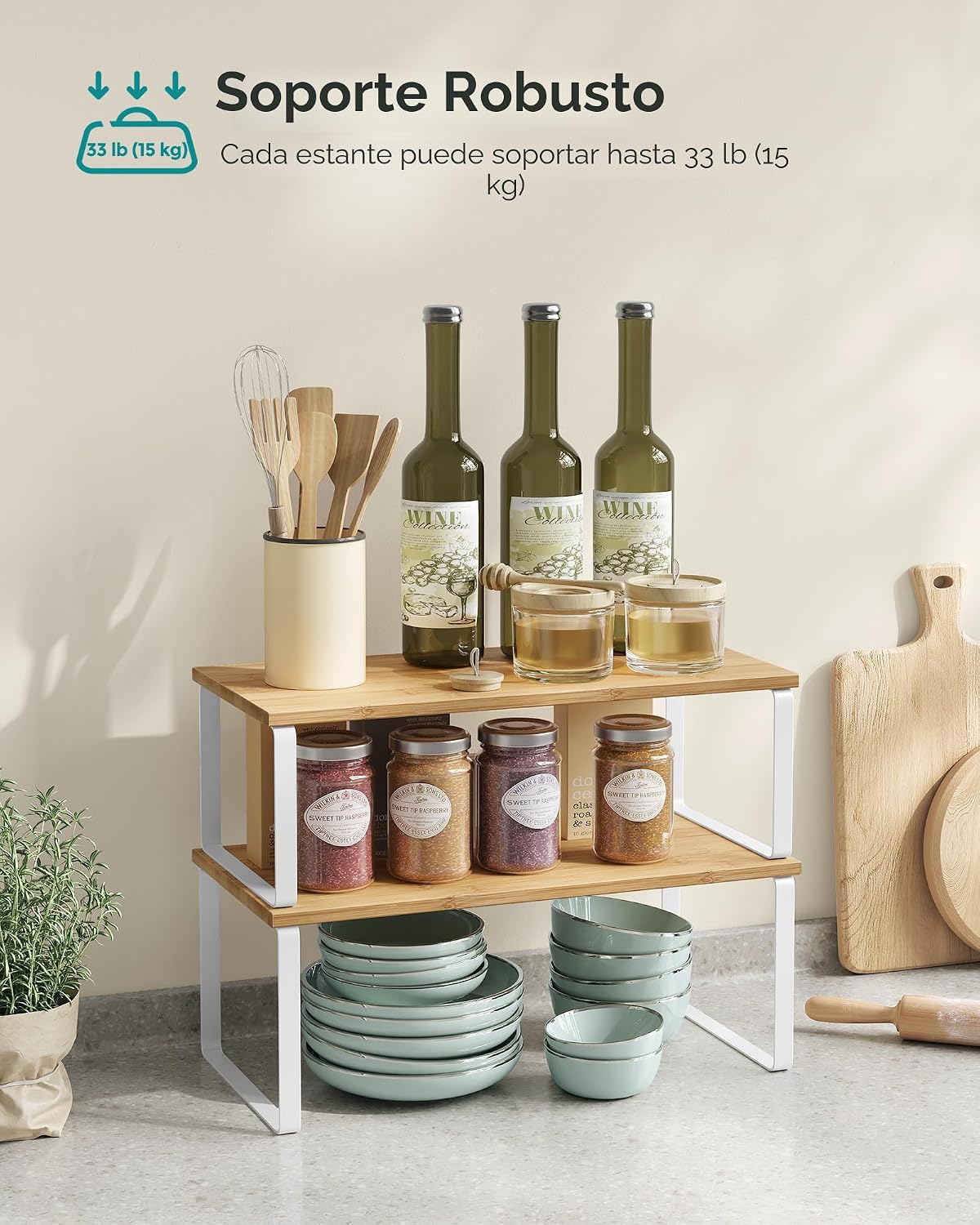 SONGMICS Estante Organizador de Gabinete, Juego de 2 Estantes de Encimera de Cocina, Almacenamiento de Cocina, Estante de Especias, Apilable, Expandible, Metal y Madera Diseñada, Blanco Nube y Beige