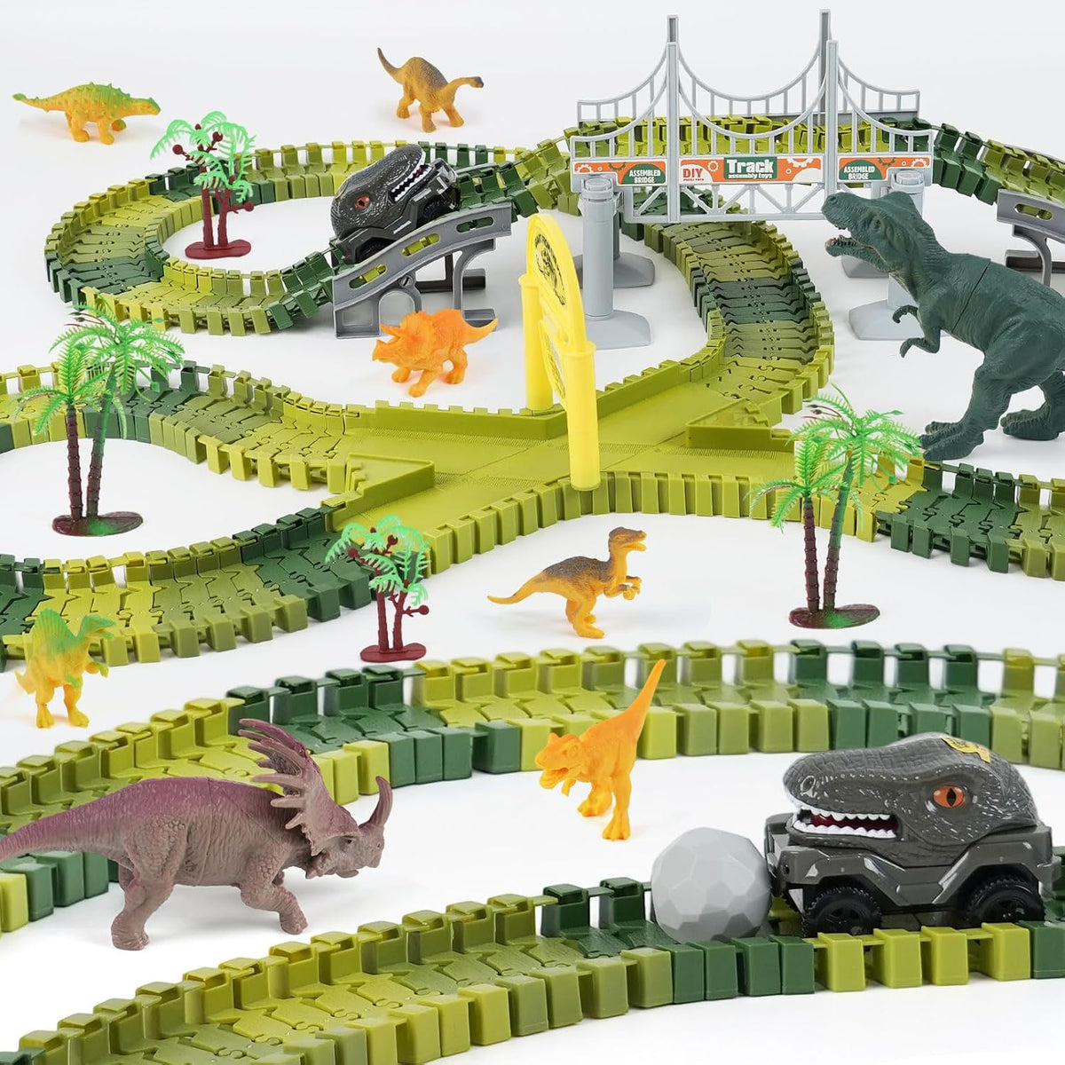 Juguetes de carreras de dinosaurios para niños, regalos de cumpleaños para niños y niñas de 3, 4, 5, 6, 7 años, más de 255 piezas, juego de construcción de dinosaurios con pista flexible, hazlo