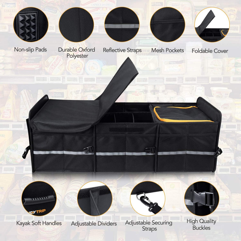 HEYTRIP Organizador grande de maletero con bolsa térmica integrada a prueba de fugas, 2 correas de sujeción, 4 divisores extraíbles, funda plegable, construido con tablero de PE de 2 mm