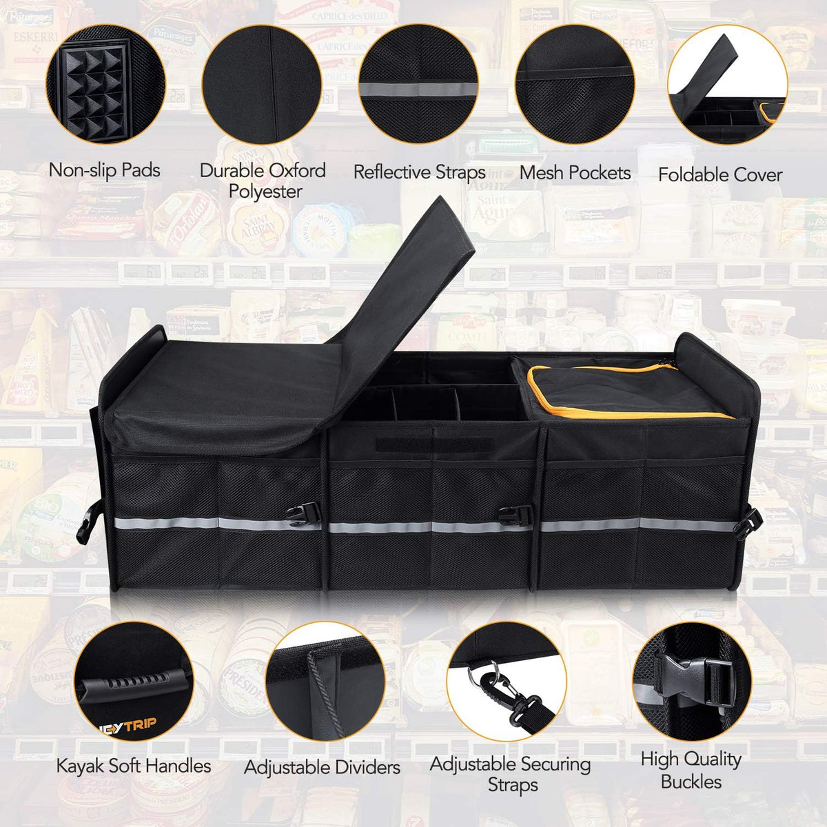 HEYTRIP Organizador grande de maletero con bolsa térmica integrada a prueba de fugas, 2 correas de sujeción, 4 divisores extraíbles, funda plegable, construido con tablero de PE de 2 mm