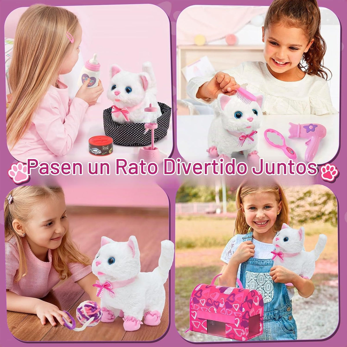 Juguetes de Gato para Niñas, Regalo para Niñas, Juguete de Peluche Interactivo Electrónico que Puede Caminar y Maullar - Juego de 16 Piezas para Transportar y Cuidar Mascotas, Juego de
