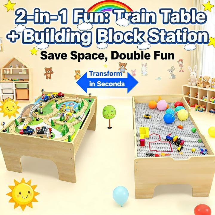 Juego de tren de madera y mesa con base de bloque de