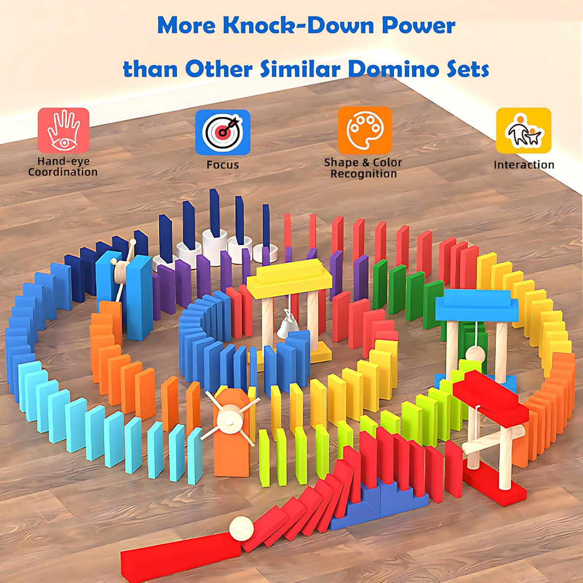 Migargle Juego de dominó de madera de 1200 piezas con 11 bloques de dominó adicionales y bolsa de almacenamiento, juego de carreras de dominó a granel para niños, juguete educativo con temática de dominó
