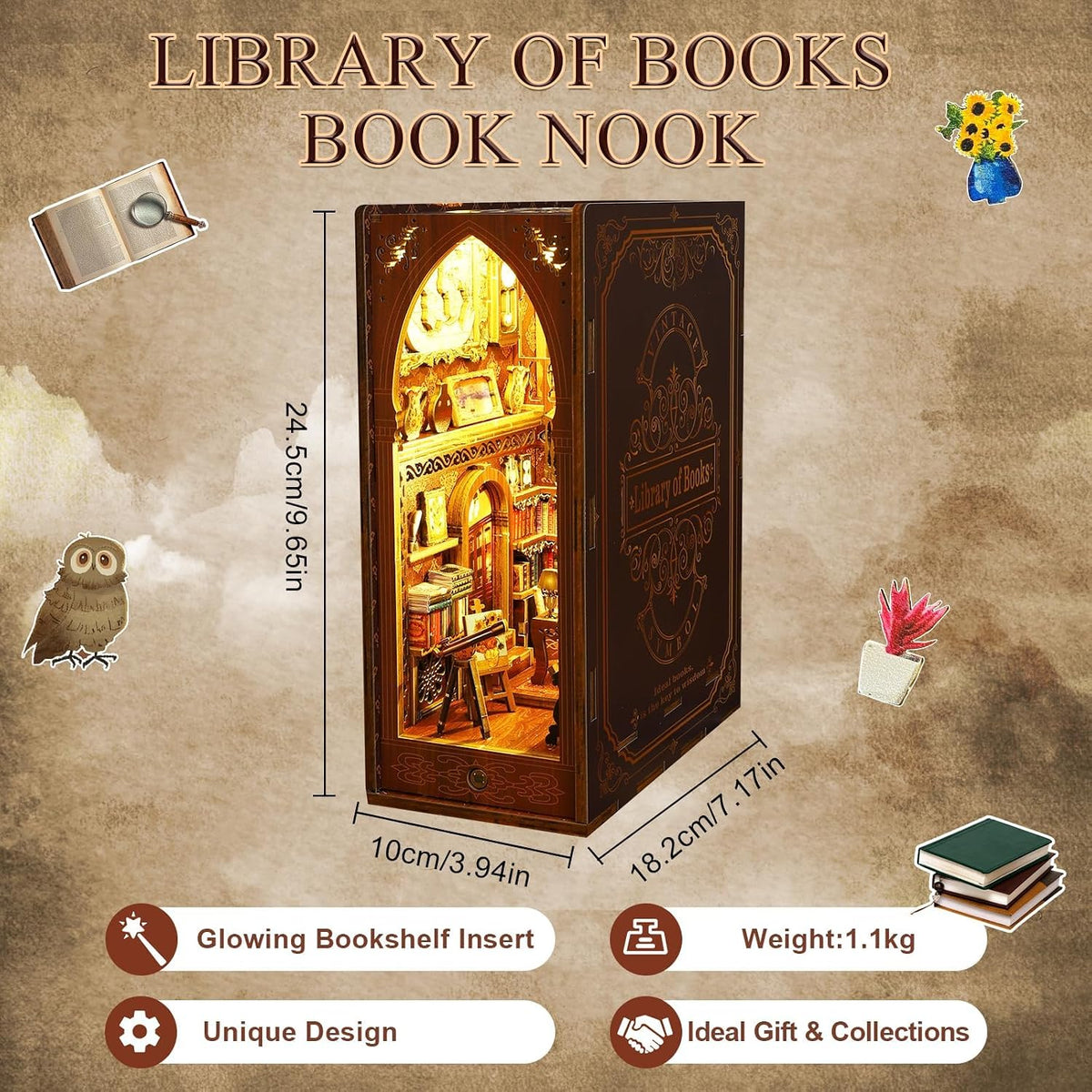CRIOLPO Kit de rincón de libros – Casa de muñecas DIY Booknook, kit en miniatura para estantería, casas de muñecas para adultos, adolescentes, Halloween, rompecabezas de madera 3D sujetalibros con luz