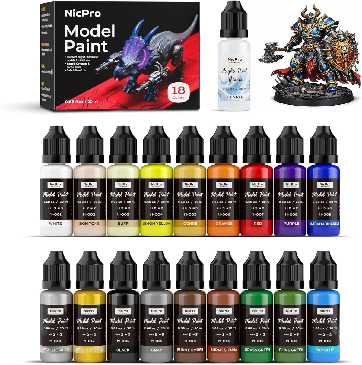 Nicpro 18 Colores Juego de Pinturas para Modelado, Pinturas Acrílicas Listas para Usar 20ml