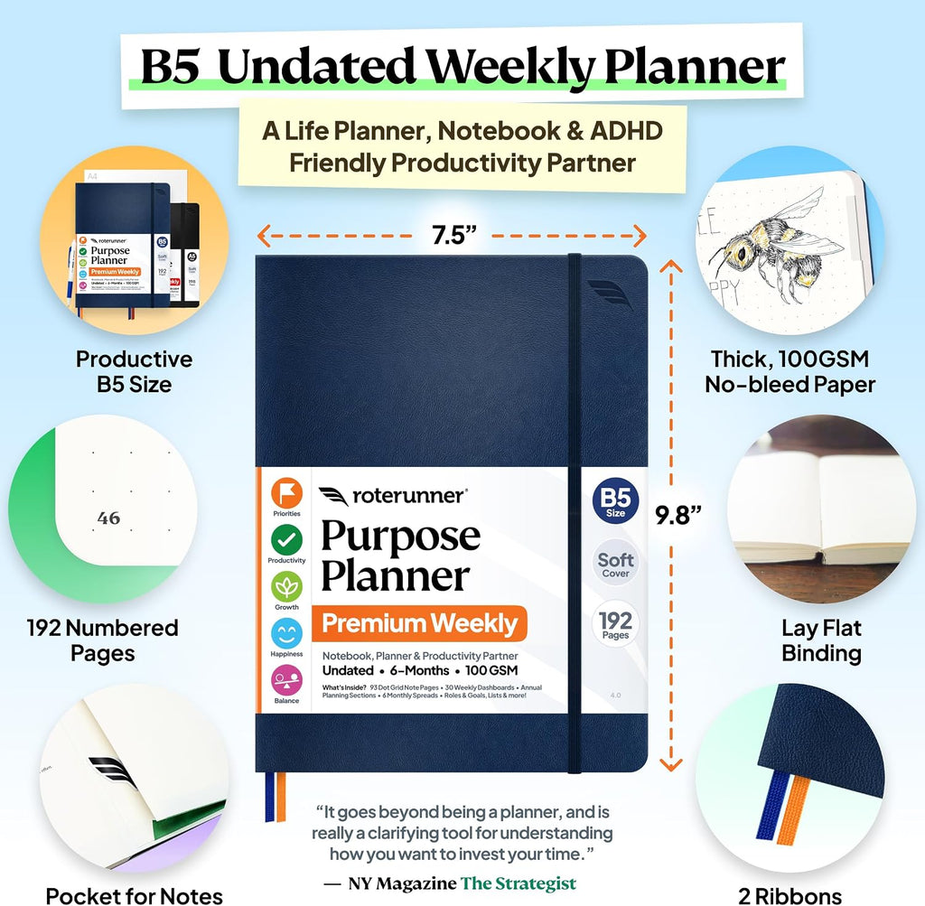 Agenda B5 de 7.5 x 9.8 pulgadas, sin fecha, 2026, diario, semanal y mensual, herramienta de fijación de objetivos de productividad para el trabajo, hogar, agenda de TDAH para adultos