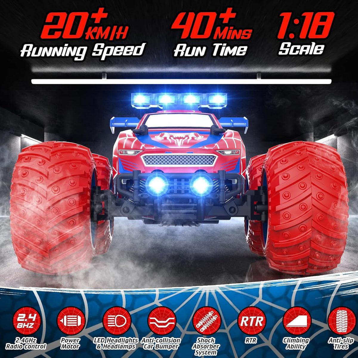 Auto a control remoto 1:18 – Camión monstruo todoterreno todoterreno de 12.4 mi/h 2.4 GHz con luces de carrocería, faros delanteros y faros, auto de juguete recargable de regalo para niños y
