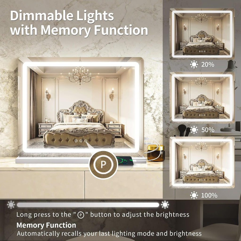 ROLOVE Espejo de tocador grande de 23 x 18 pulgadas con luces, espejo de maquillaje LED para tocador y escritorio, aumento 10X, control táctil regulable, espejo montado en la pared o de mesa para dormitorio (blanco)