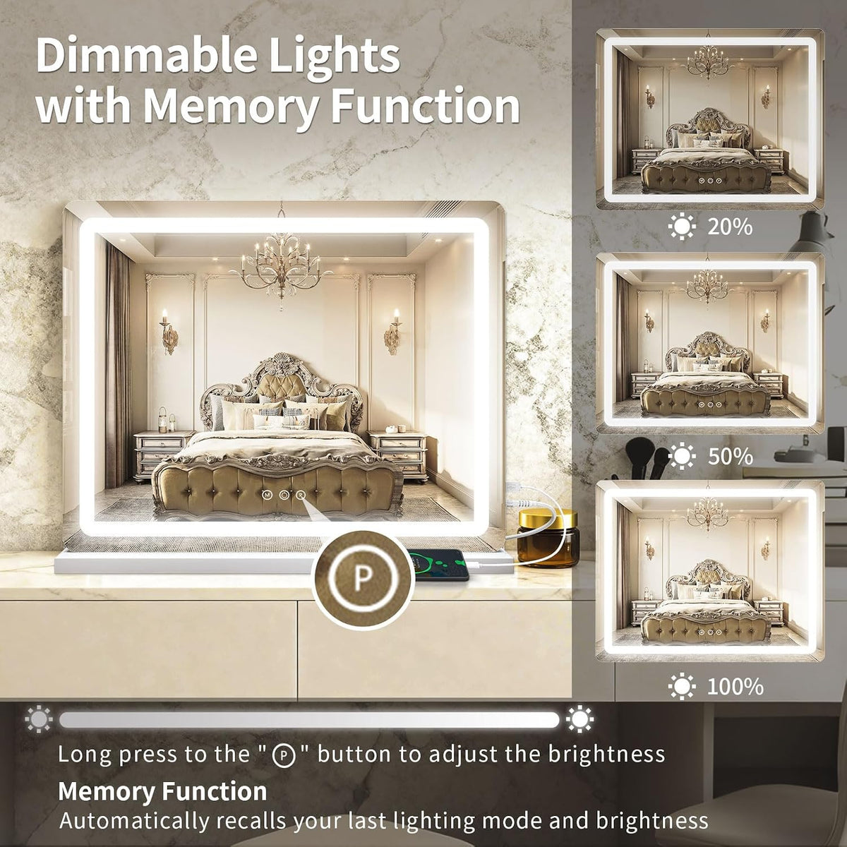ROLOVE Espejo de tocador grande de 23 x 18 pulgadas con luces, espejo de maquillaje LED para tocador y escritorio, aumento 10X, control táctil regulable, espejo montado en la pared o de mesa para dormitorio (blanco)