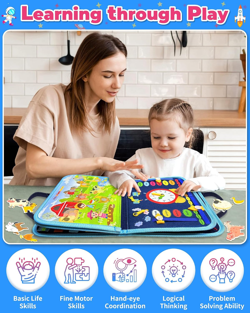 Juguetes Montessori de tablero ocupado para niños pequeños, regalos de cumpleaños, libro ocupado, juguetes sensoriales para niños pequeños, actividades educativas de viaje para niños pequeños