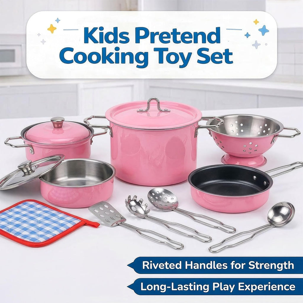 Juego de cocina de acero inoxidable para niños, 11 piezas, ollas y sartenes, juego de utensilios de cocina de juguete con utensilios y soporte para ollas, accesorios de cocina de metal para niños y