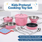 Juego de cocina de acero inoxidable para niños, 11 piezas, ollas y sartenes, juego de utensilios de cocina de juguete con utensilios y soporte para ollas, accesorios de cocina de metal para niños y