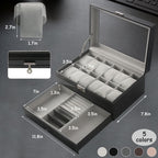 Ogrmar Cajas de almacenamiento de relojes con 12 ranuras de cuero PU con cerradura, cajón de exhibición de joyería para hombres y mujeres, organizador de 2 niveles con vitrina de reloj y tapa de