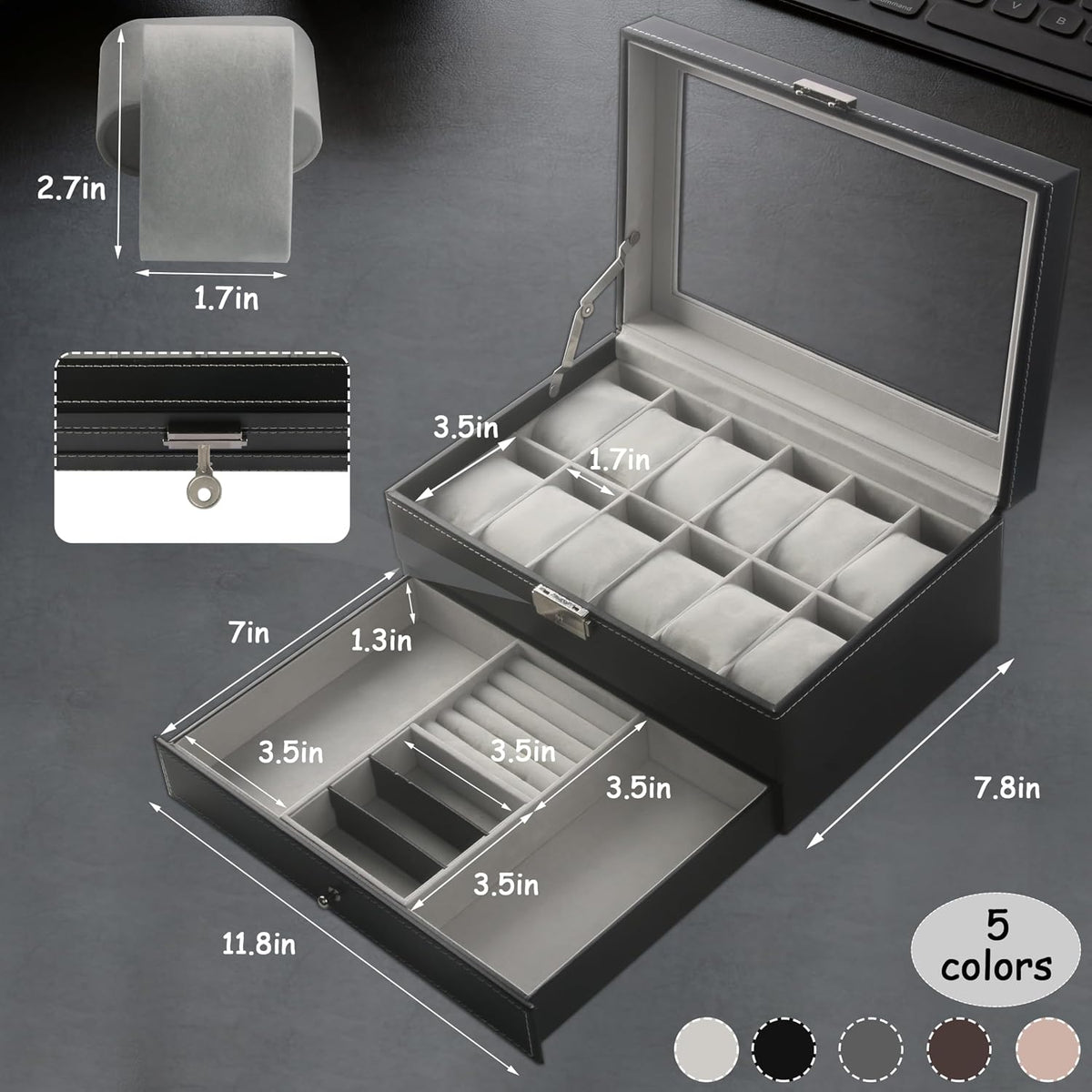 Ogrmar Cajas de almacenamiento de relojes con 12 ranuras de cuero PU con cerradura, cajón de exhibición de joyería para hombres y mujeres, organizador de 2 niveles con vitrina de reloj y tapa de