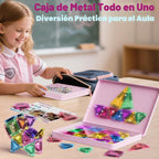 WMXDU Juego de 42 piezas de azulejos magnéticos con purpurina y caja de metal rosa, bloques de construcción STEM portátiles para niños de 3 a 8 años, juguetes educativos STEM Montessori para viajes en avión en automóvil
