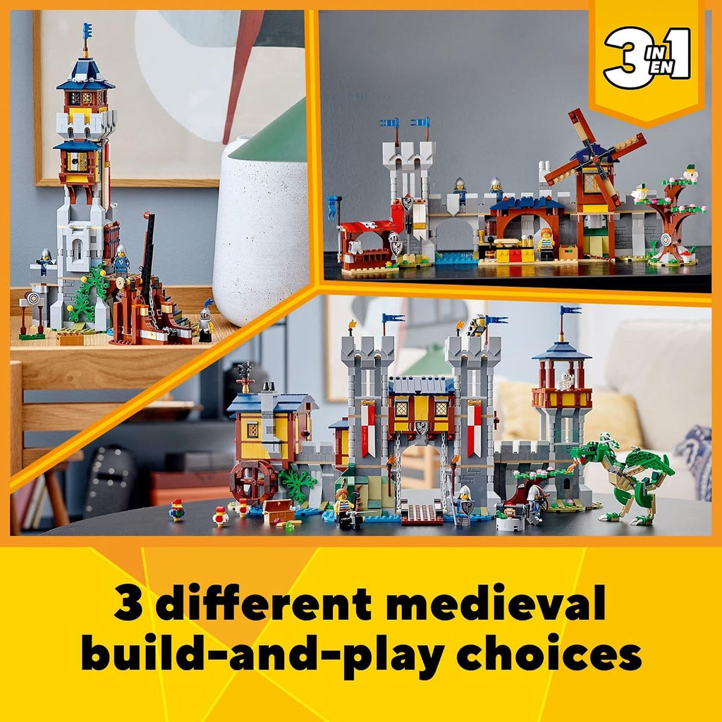 LEGO Creator 3 en 1 - Juguete de castillo medieval que se transforma de castillo a torre en mercado, incluye figura de esqueleto y dragón, con 3 minifiguras y catapulta, 31120