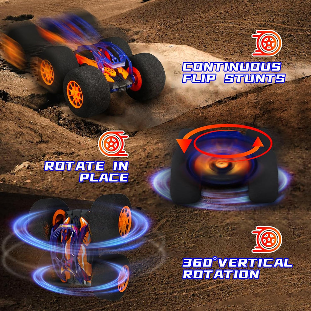 Coches de acrobacias RC de interior con control remoto y juguetes con ruedas suaves, coches RC para niños, interior y exterior, con faro LED y acrobacias locas, volteos de 360°, vehículo de doble cara