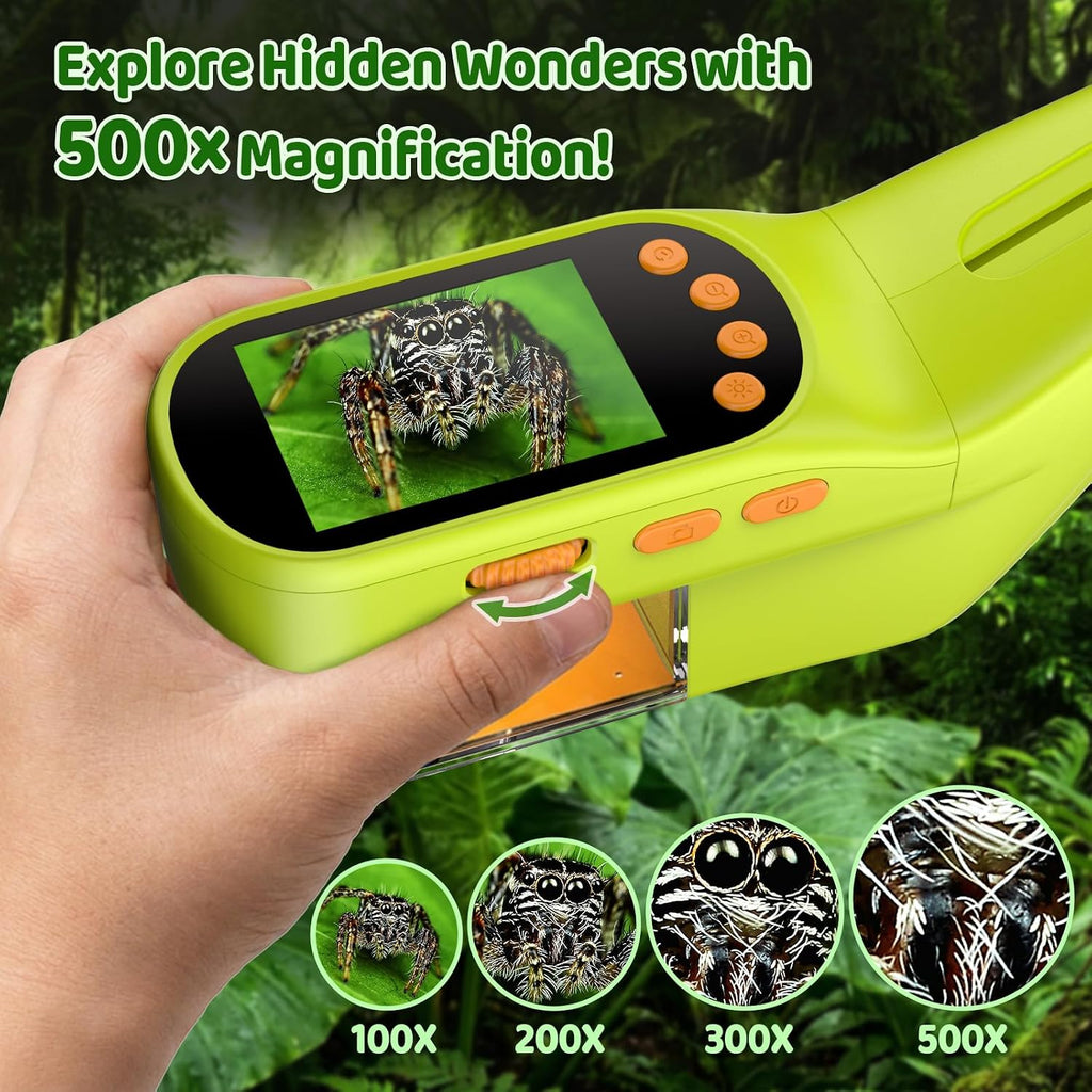 Microscopio de mano para niños, juguete STEM explorador al aire libre con herramientas adicionales, pantalla IPS de 2.4 pulgadas, agarre ergonómico, cámara digital, foto/video, lupa, kit de ciencia