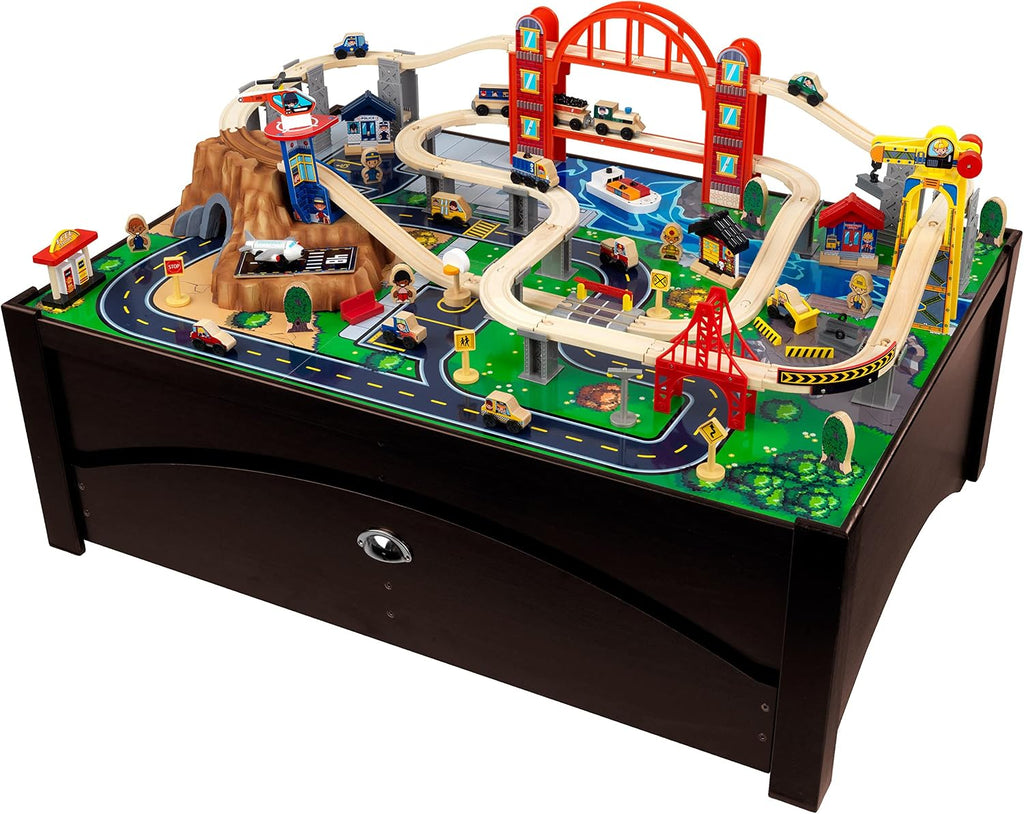 KidKraft Metropolis - Juego de tren de madera y mesa con 100 piezas y cajón de almacenamiento, color espresso