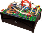 KidKraft Metropolis - Juego de tren de madera y mesa con 100 piezas y cajón de almacenamiento, color espresso