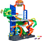 Hot Wheels Juego de pistas de autos de juguete, garaje City Ultimate T-Rex con Dino Nemesis, vehículos fundidos a presión a escala 2 1:64 y almacenamiento para mayores de 50 años, desafío de carreras