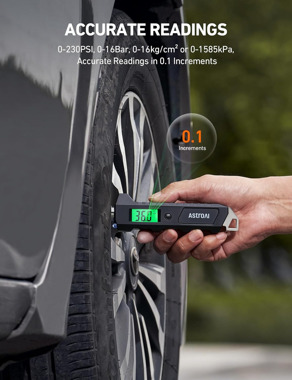 AstroAI Medidor digital de presión de neumáticos, 230 PSI, 4 ajustes, resistente para coche y bicicleta con linterna LCD retroiluminada más grande y antideslizante, negro (paquete de 2)