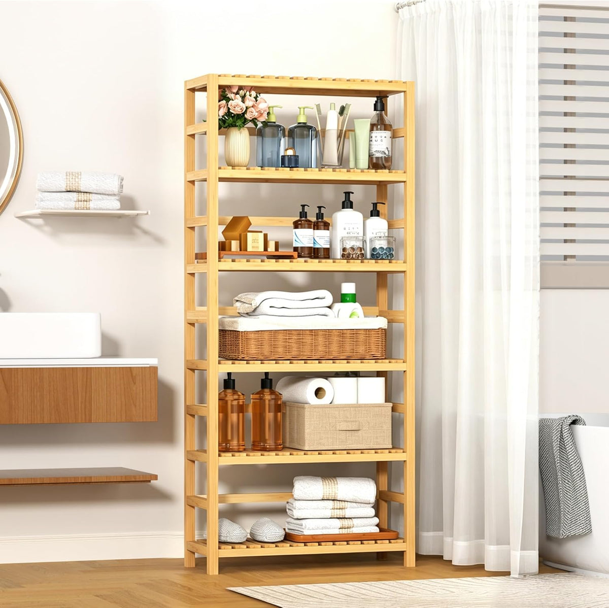 VASMIA Estantería de bambú de 6 niveles, estantería de almacenamiento de bambú, estantería alta con estantes ajustables, estante de almacenamiento multiusos para baño, sala de estar, balcón, cocina, natural