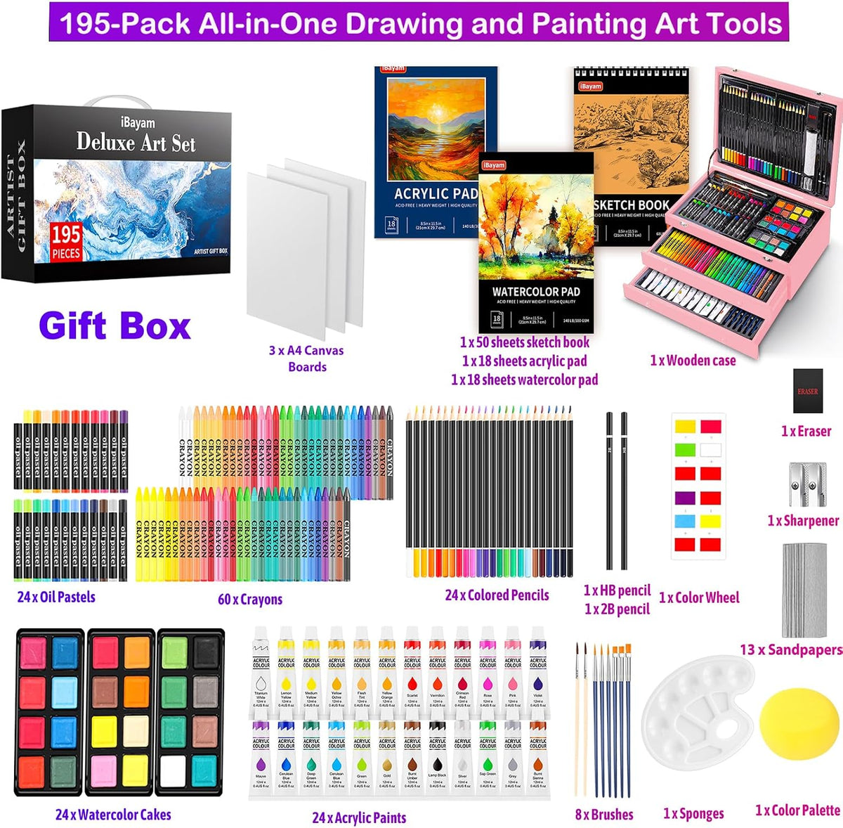iBayam - Suministros de arte rosa, juegos de dibujo a color, regalos para niñas adolescentes
