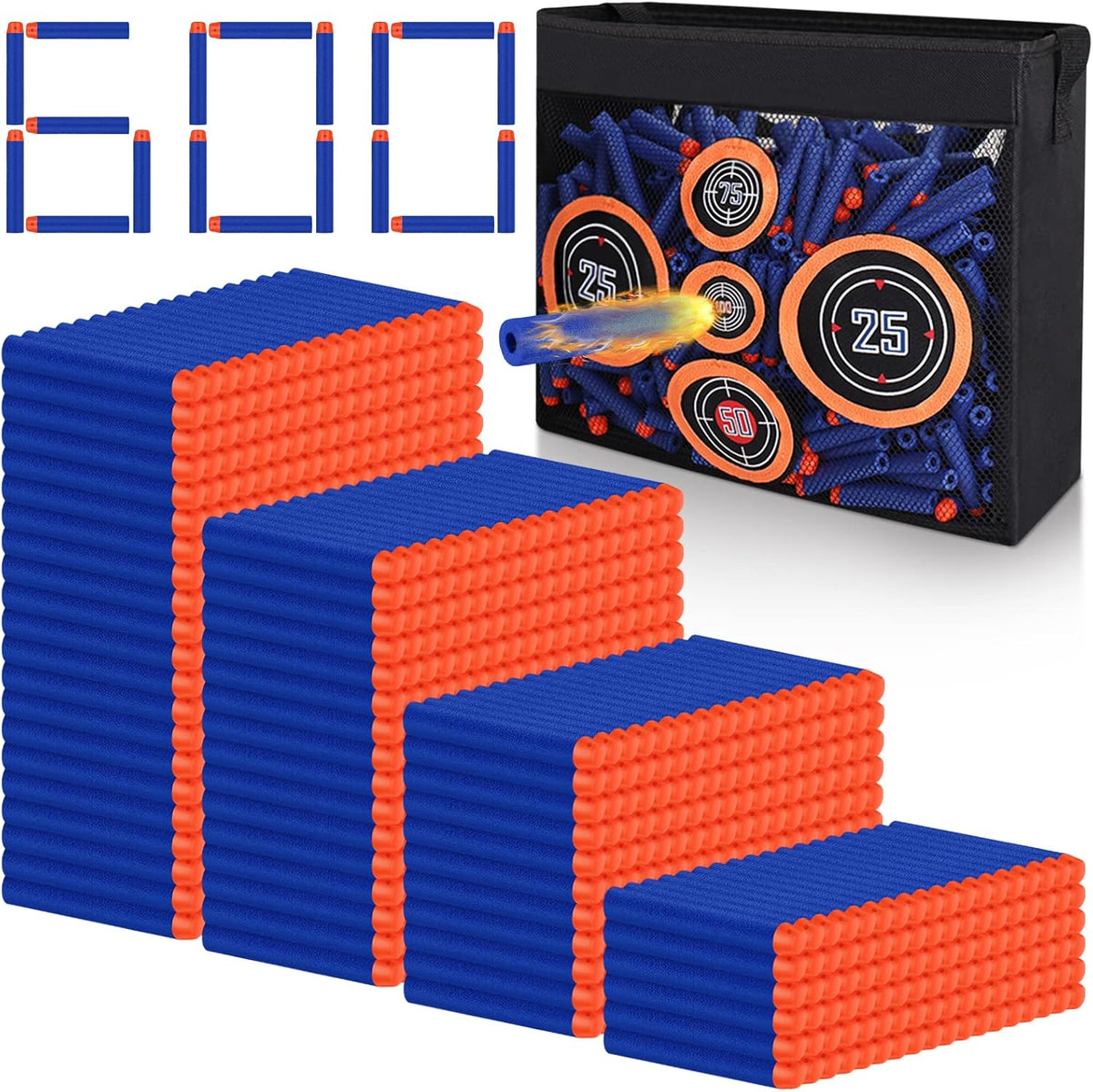 600 piezas de balas de repuesto para pistolas Nerf N-Strike Elite Series Blasters, juguetes de dardos con bolsa de almacenamiento de malla para práctica de tiro portátil