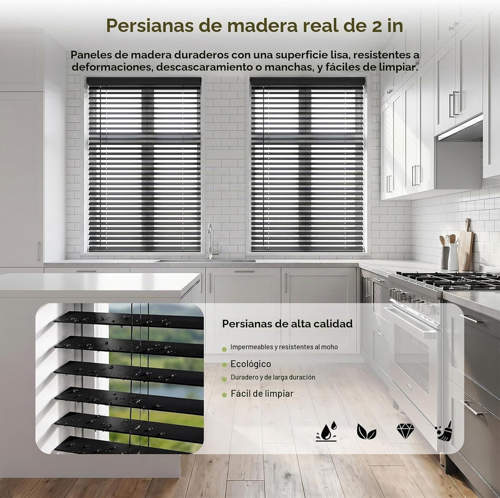 2" Persianas de Madera Verdadera sin Cables 23"W x 48"H Negro de Madera de Basswood para Ventanas Interiores