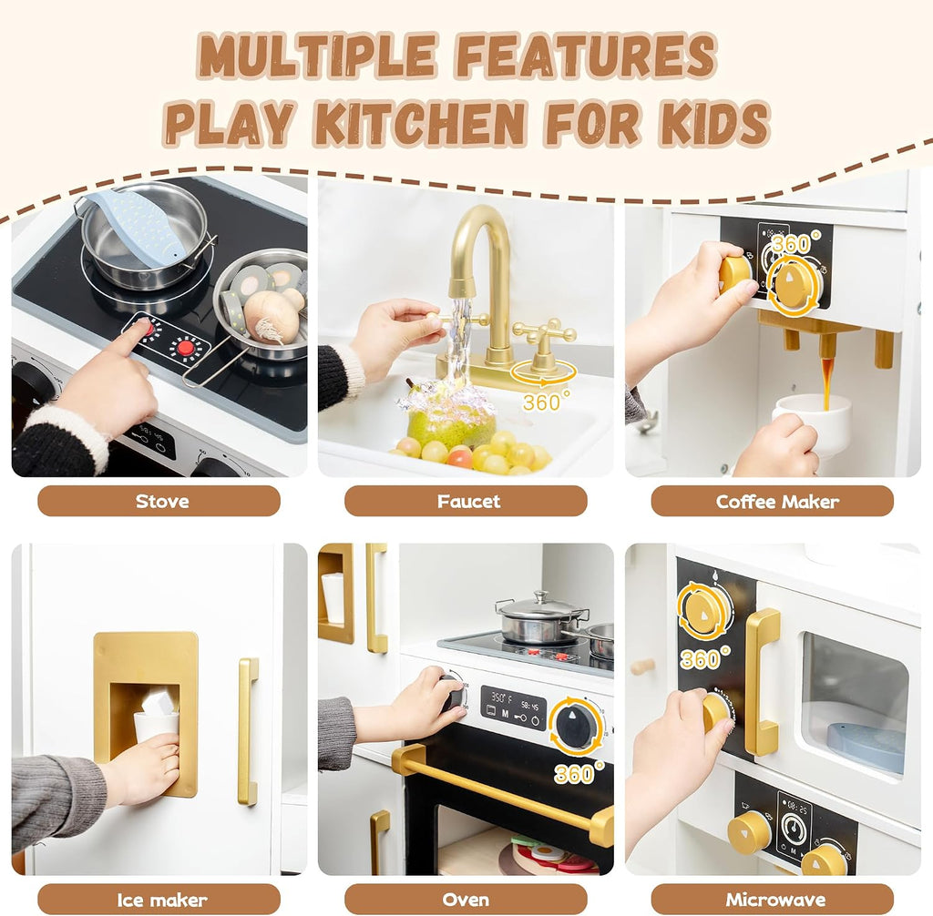 Juguete de Cocina de Juego de Madera Interactivo para Niños – Luces y Sonidos Realistas, Diseño de Esquina con 8 Accesorios, Regalo para Niñas y Niños de 3+ Años