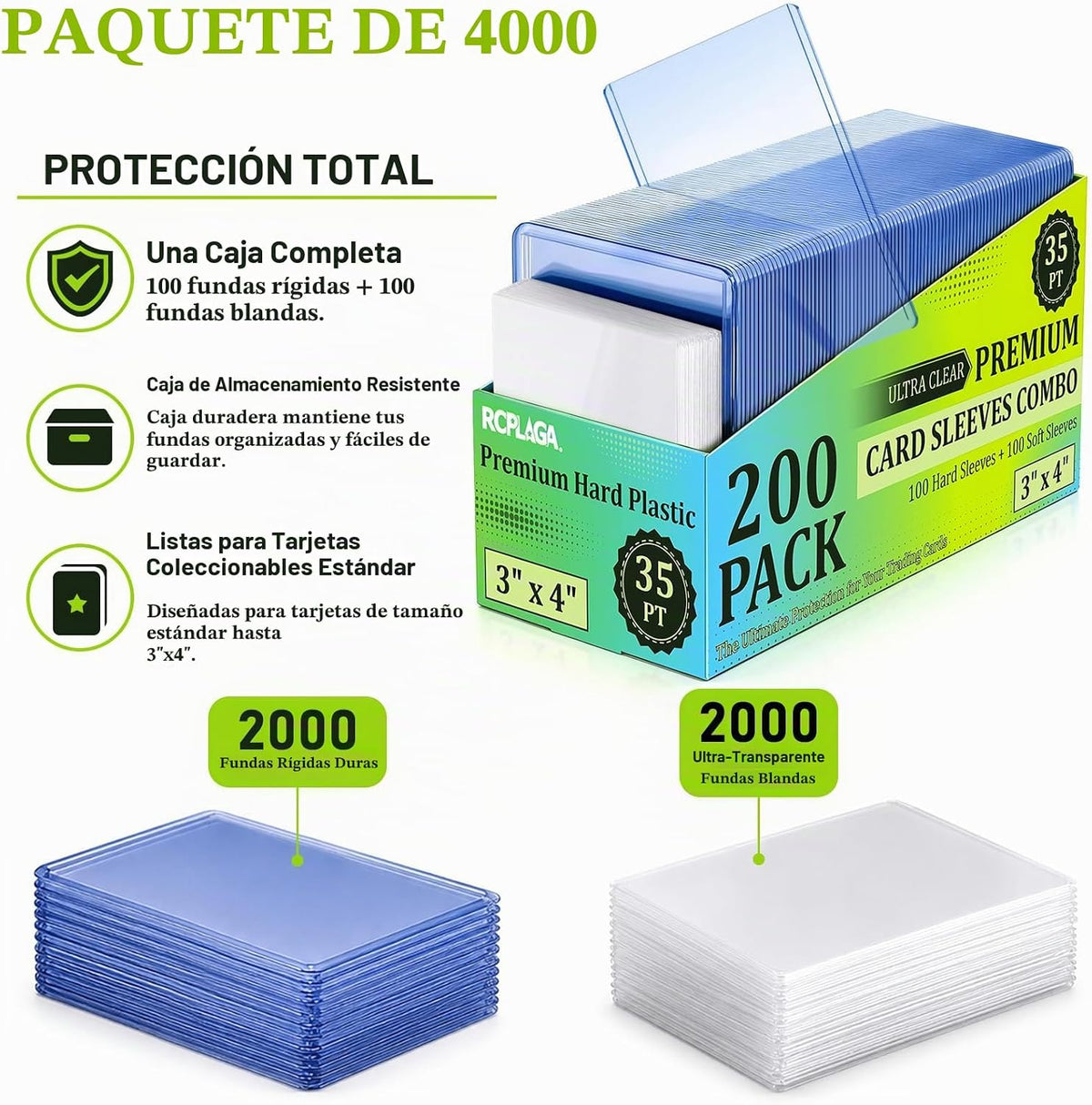 4000 Fundas Duras de Plástico D/ 3" x 4" RCPLAGA Porta-Tarjetas de Coleccionables, 35PT