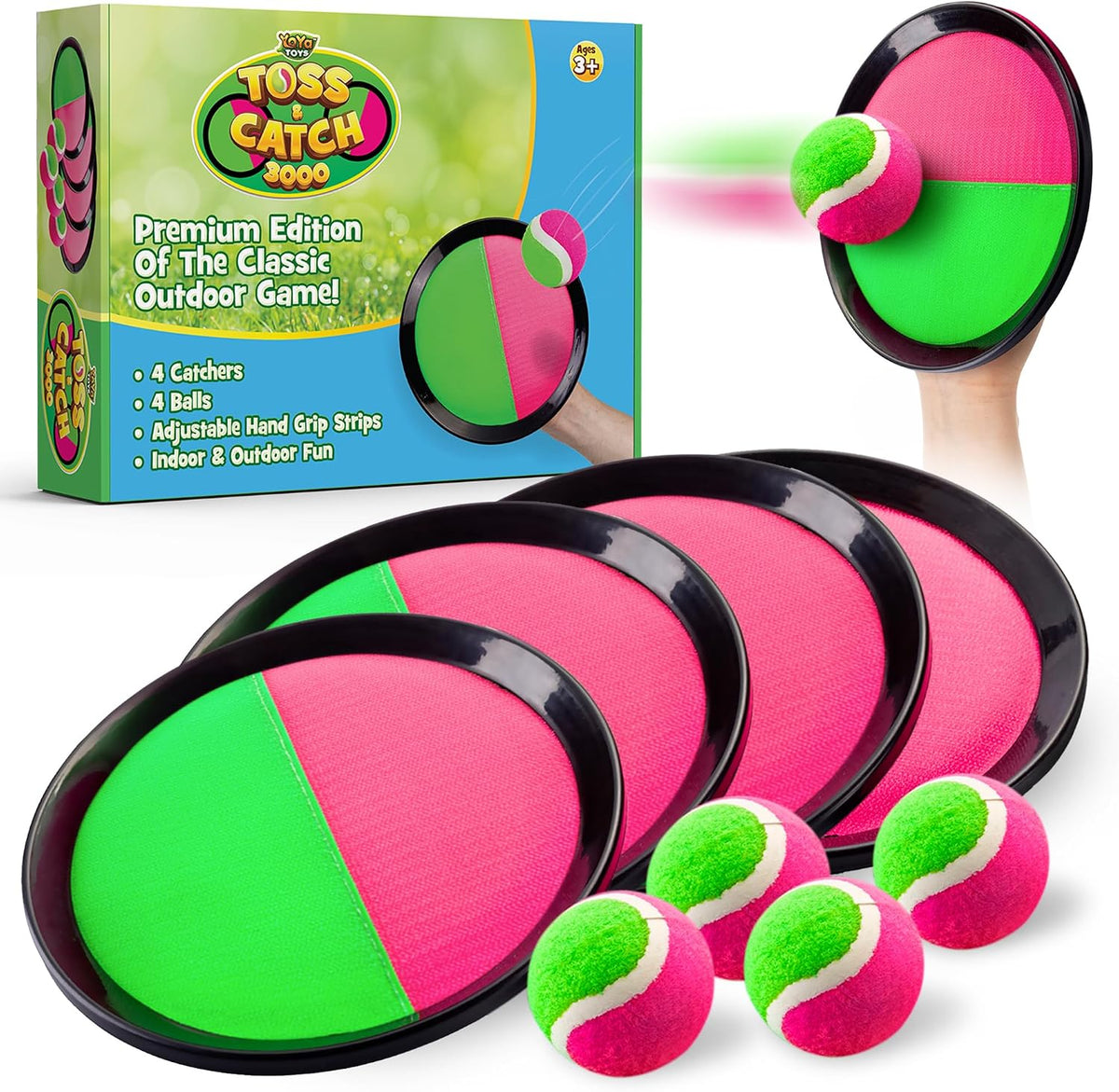 YoYa Toys Juego de juguetes de pelota para lanzar y atrapar, 4 paletas y 4 bolas adhesivas, divertidos juegos al aire libre para niños, actividades al aire libre para patio trasero, playa, parque, campamento, regalo para niños y niñas de 4, 5, 6, 7, 8, 9