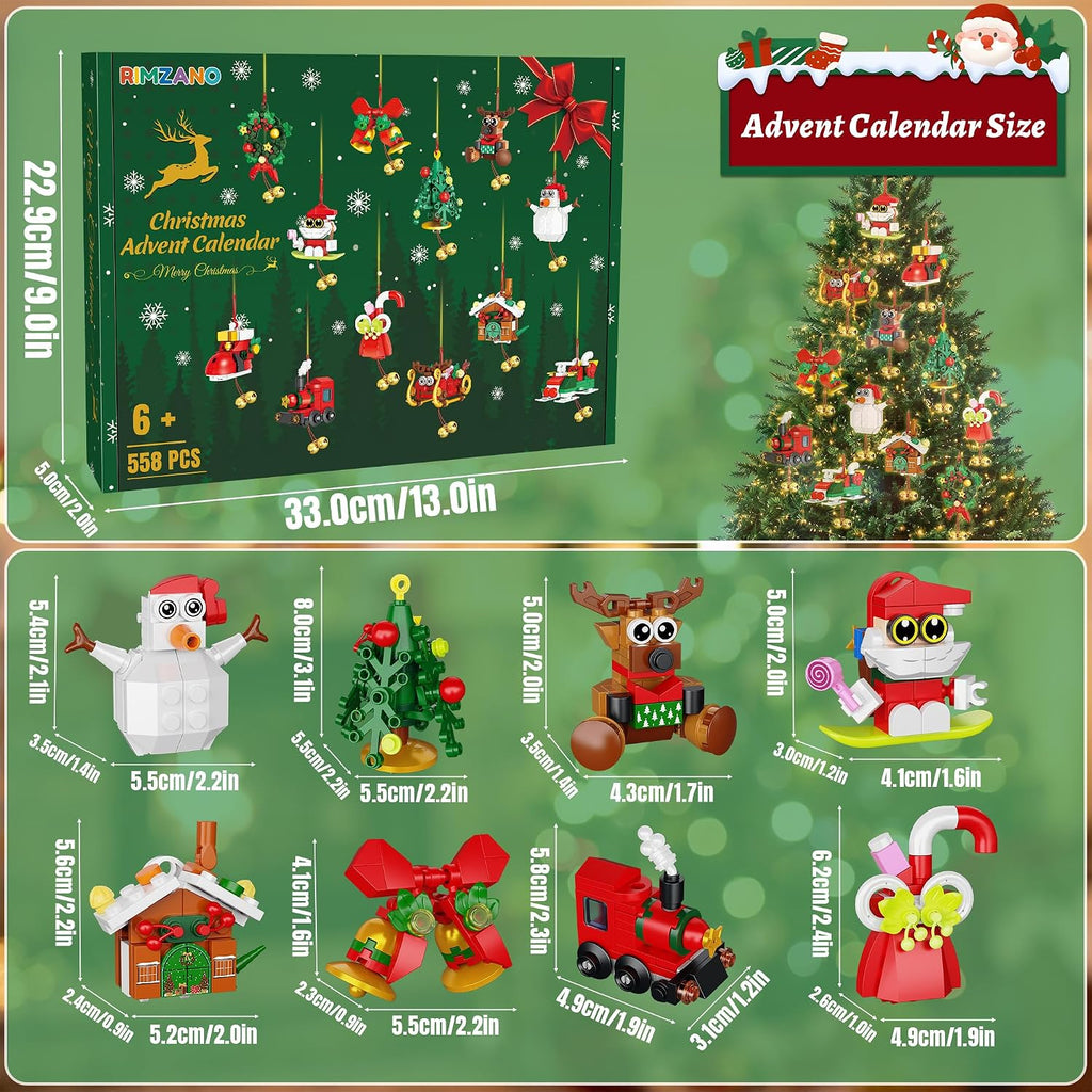 Calendario de Adviento 2026, adornos de Navidad, juego de construcción compatible con Lego, campanas colgantes, corona de Papá Noel, pan de jengibre, reno, 12 modelos