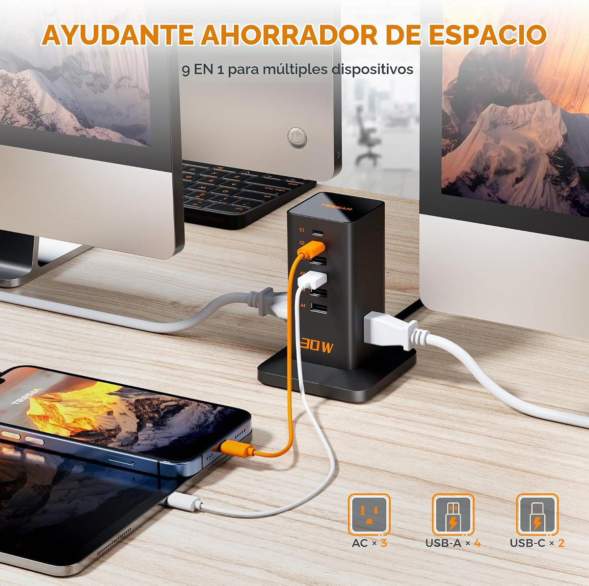 TESSAN 30W USB carga Station para Multiple dispositivos 9-en-1 USB Charger