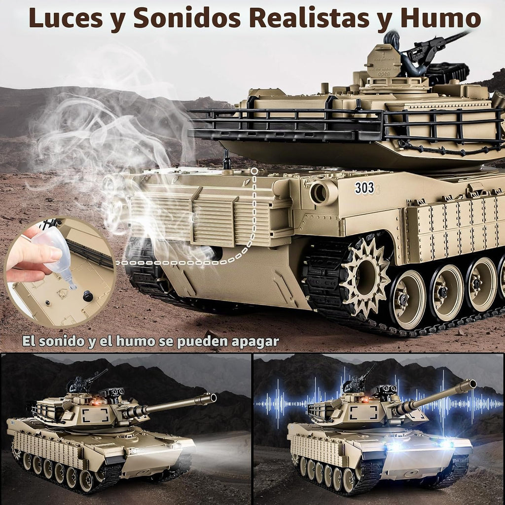 1/18 M1A2 Abrams - Tanque a control remoto de 2.4 G que dispara BBS con humo, sonido y luces, juguete modelo ejército de control remoto de 165 pies, vehículo militar todo terreno para mayores de 8 años