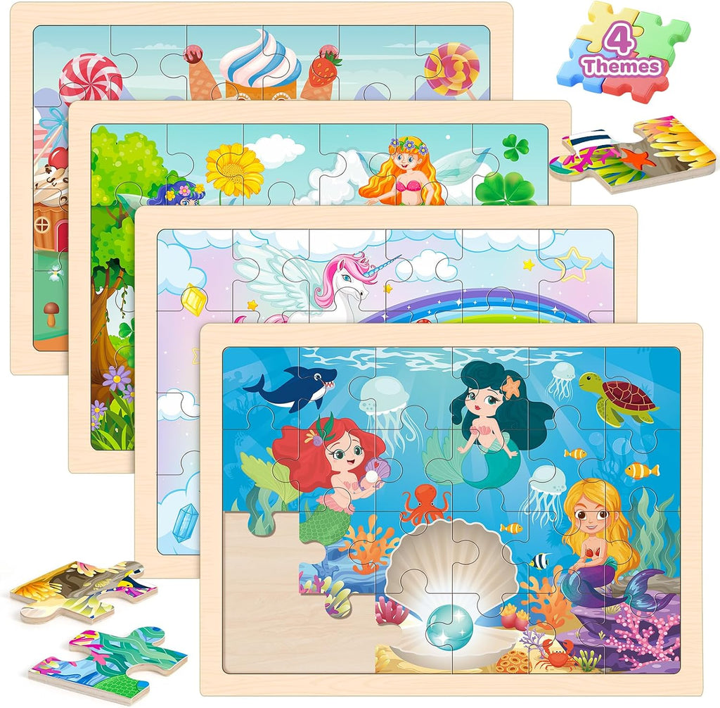 Rompecabezas para niños de 4 a 6 años, 4 paquetes de rompecabezas de madera para niños pequeños de 2 a 4 años, tableros educativos de rompecabezas de princesa, unicornio, sirena y hada para preescolar