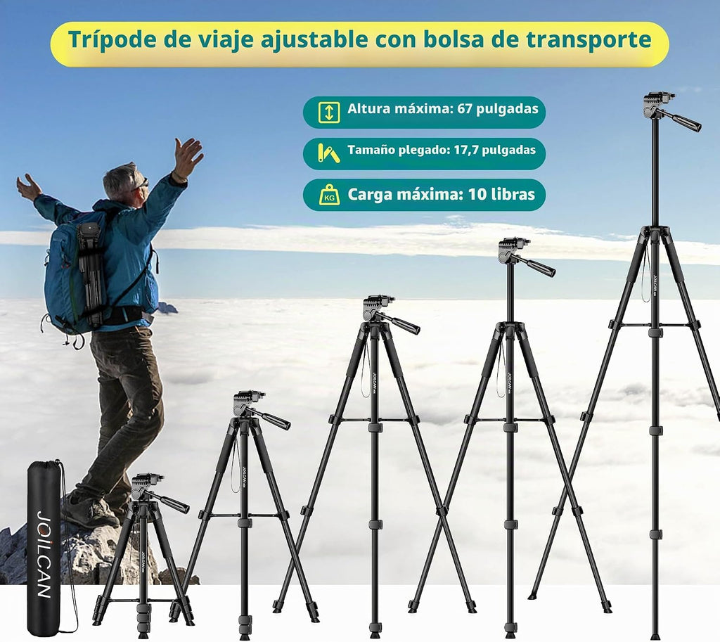 JOILCAN Trípode para Teléfono, Soporte de Trípode de Cámara de 67" para iPhone iPad, Trípodes de Viaje Profesionales de Aluminio con Control Remoto Inalámbrico y Bolsa de Transporte para Grabación de