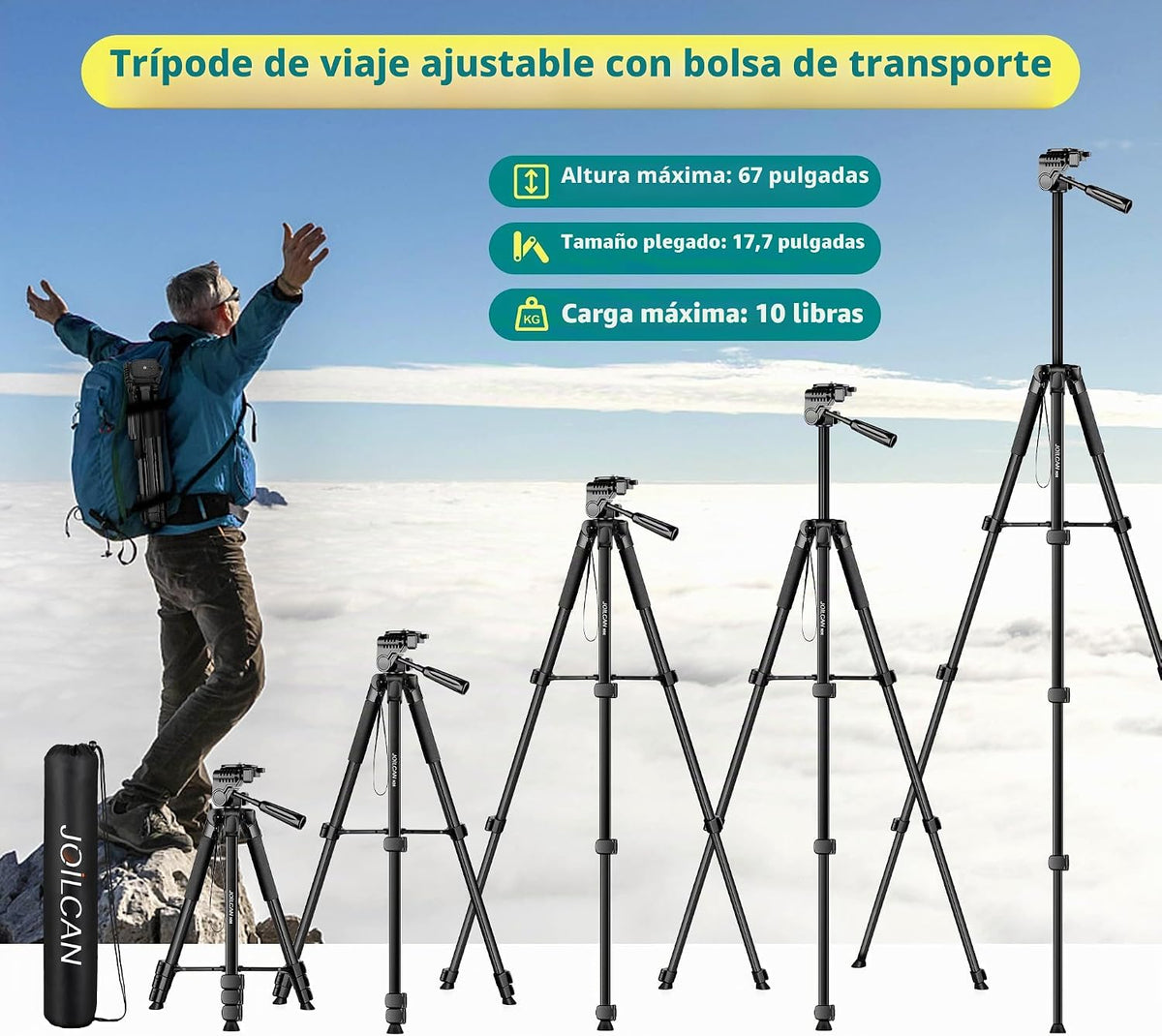 JOILCAN Trípode para Teléfono, Soporte de Trípode de Cámara de 67" para iPhone iPad, Trípodes de Viaje Profesionales de Aluminio con Control Remoto Inalámbrico y Bolsa de Transporte para Grabación de