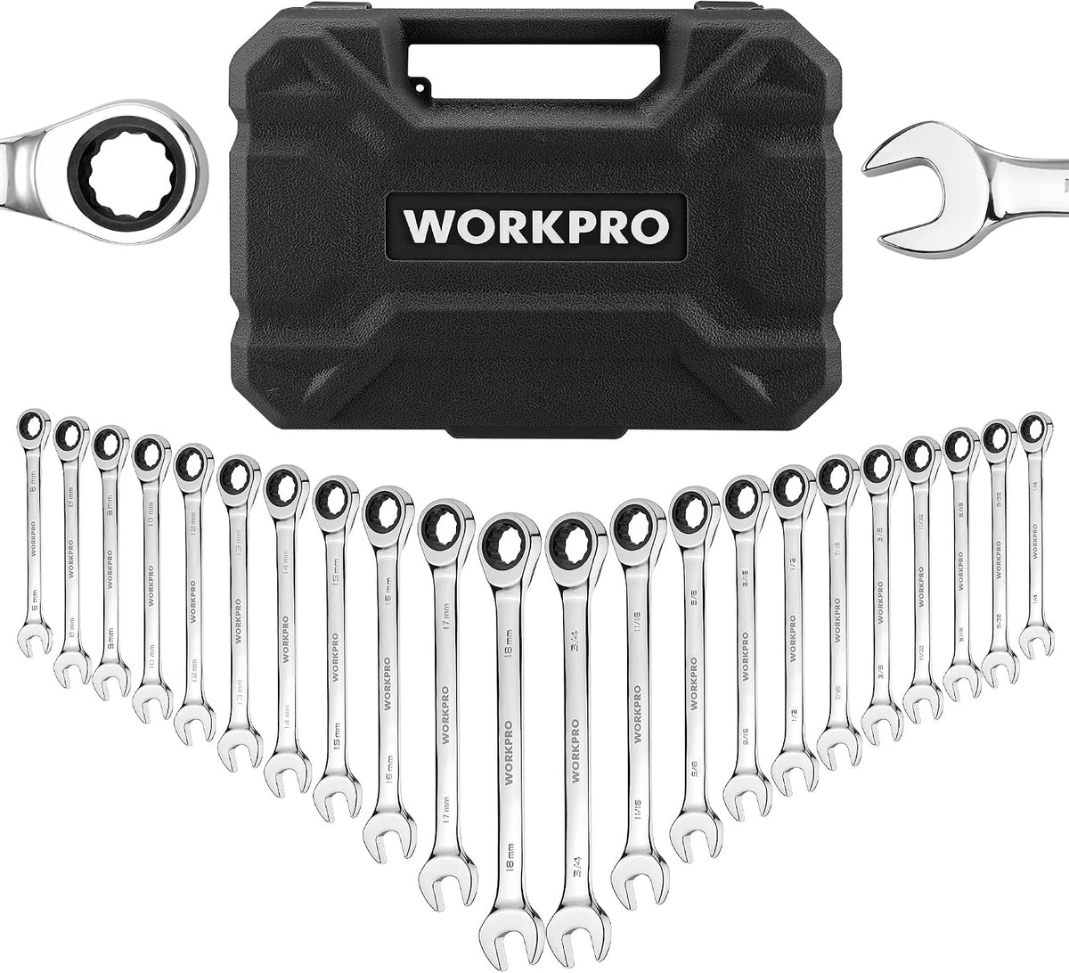 WORKPRO - Juego de 22 llaves combinadas de trinquete con caja de