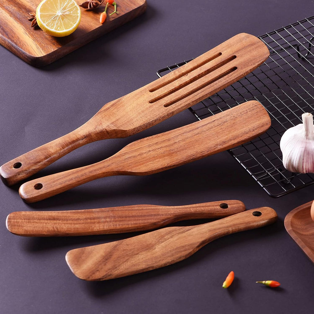 Cucharas de madera para cocinar, juego de 10 utensilios de cocina de madera, utensilios de cocina de madera para sartén antiadherente, juego de utensilios de madera de teca, herramientas de