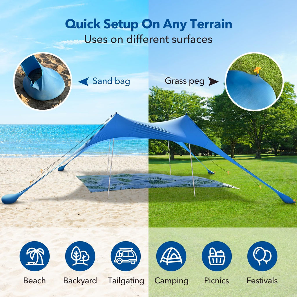 Tienda de campaña de playa con protección UPF50+, refugio solar portátil con postes de bolsa de arena, clavijas de tierra y cuerdas antiviento para acampar al aire libre, patio trasero, Picni