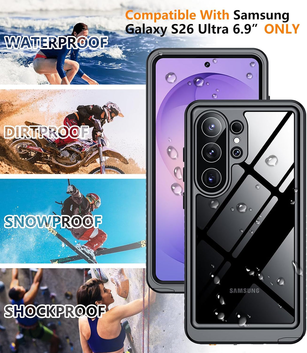 Temdan Funda impermeable diseñada para Samsung Galaxy S26 Ultra, lente y protector de pantalla integrados de grado militar, a prueba de golpes, a prueba de caídas, IP68 bajo el agua, carcasa completa para Galaxy S26 Ultra de 6.9 pulgadas, color negro