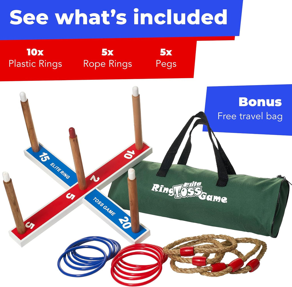 Juego de lanzamiento de anillas Elite para niños para mejorar la coordinación de ojo y mano y motricidad fina. Bolsa de transporte incluida más 10 anillos de plástico extras