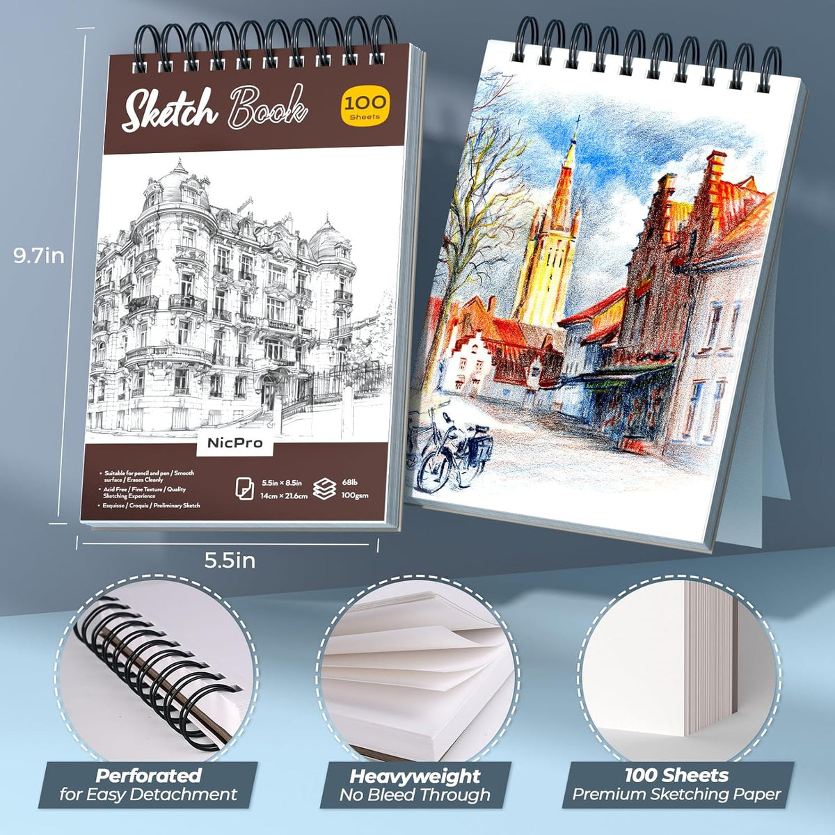 Nicpro Juego de 58 piezas de suministros de dibujo artístico en estuche de cuero, juego de lápices mecánicos de arte con lápiz de dibujo metálico de 0.01 pulgadas, 0.02 pulgadas, 0.03 pulgadas, 0.04