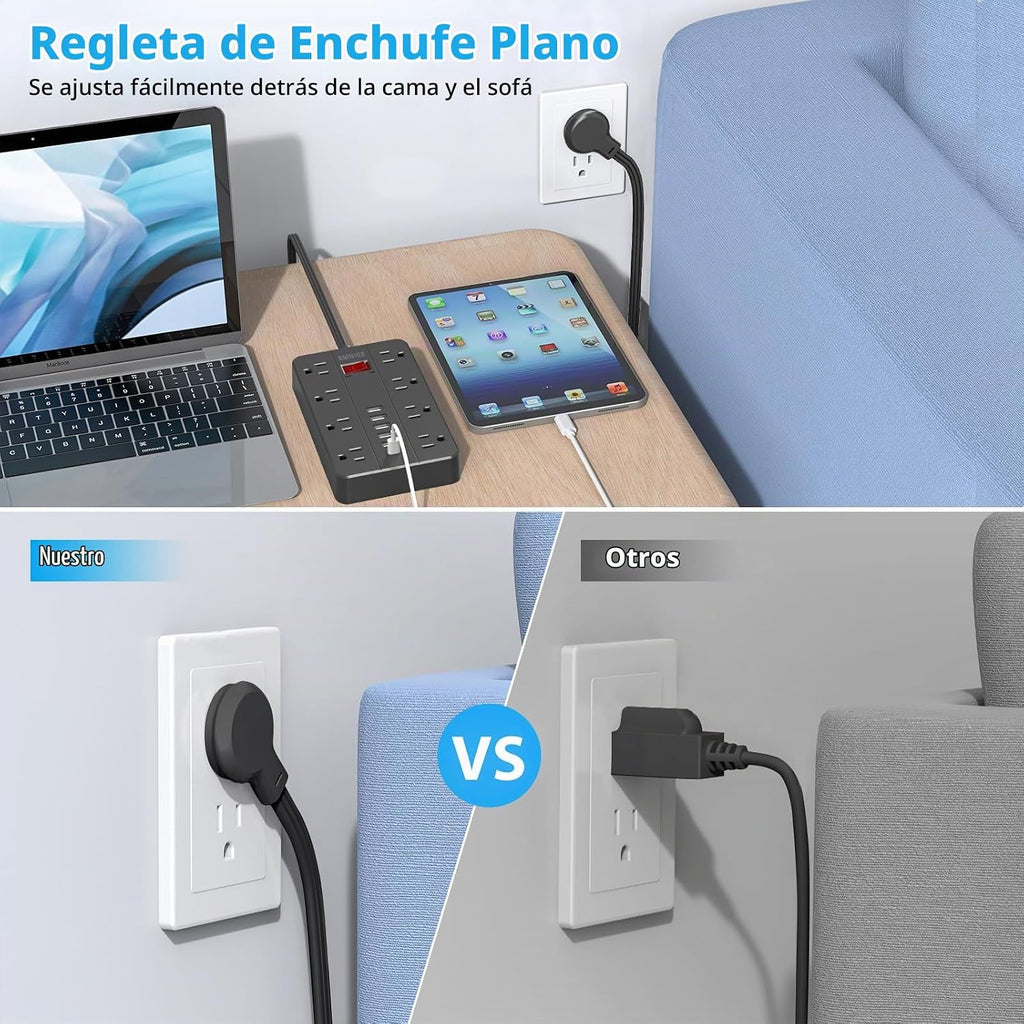 Regleta de alimentación con USB, enchufe plano con 8 tomas de corriente ampliamente espaciadas y 6 puertos USB (1USB C), cable de extensión de 5 pies de montaje en pared para smartphone