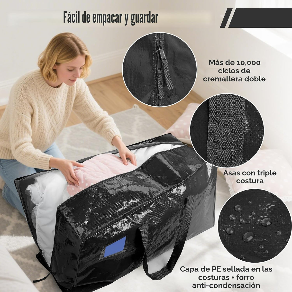 Paquete de 6 bolsas de mudanza con cremallera lateral completamente abierta, extra grandes de 93 L, resistentes al agua, plegables para almacenamiento para dormitorio universitario, mudanza y organización del hogar, color negro